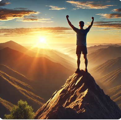 Person standing triumphantly on a mountain – symbolizing strength and a commitment to changing your health