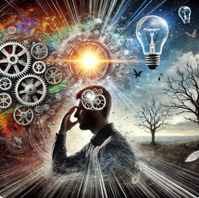 Person deep in thought with lightbulb and gears – symbolizing mindset shifts and new perspectives