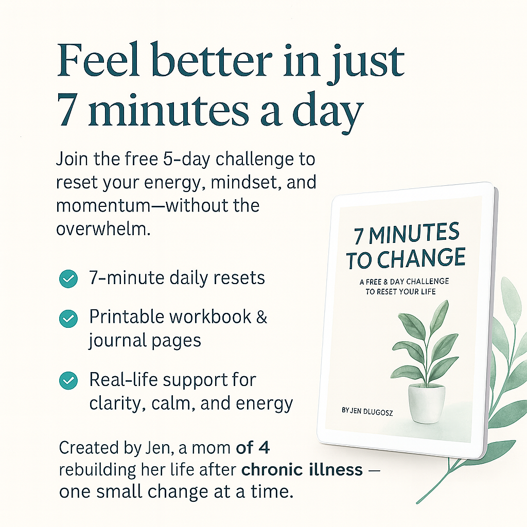 Promotional graphic for the 7 Minutes to Change free 5-day challenge, featuring a workbook cover with a potted plant, and text highlighting daily resets, printable journal pages, and real-life support for clarity, calm, and energy